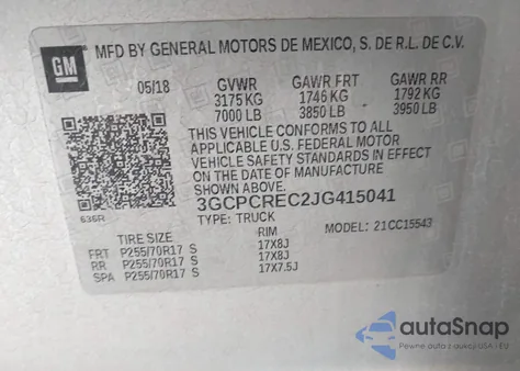 2018 Chevrolet Silverado 1500 1Lt из США, поврежденный, VIN 3GCPCREC2JG415041